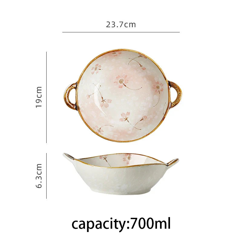 Axya 700ml Japanese Flowers Noodle Bowl - Ceramic Soup Salad Pasta Kitchen Tableware