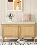 Axyaa Rattan Shoe Storage Bench with Cushion, Wooden Entryway Cabinet Organizer