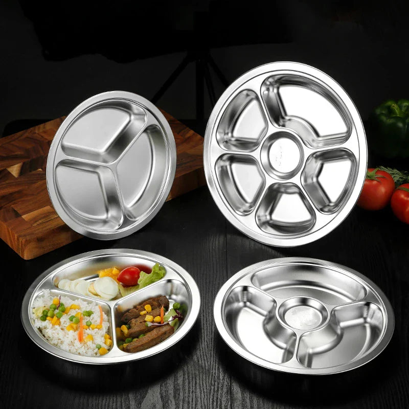 Axyaa Stainless Steel Divided Round Serving Tray Dinner Plates Canteen Lunch Dishes