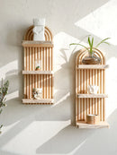 Axyaa Boho 3-tier Wooden Arch Wall Shelves - Natural Wood Floating Display Organize