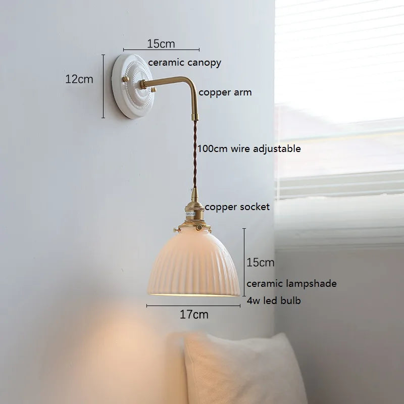 Axyaa Ceramic LED Wall Sconce with Adjustable Copper Arm for Bedroom, Bathroom, Mirror