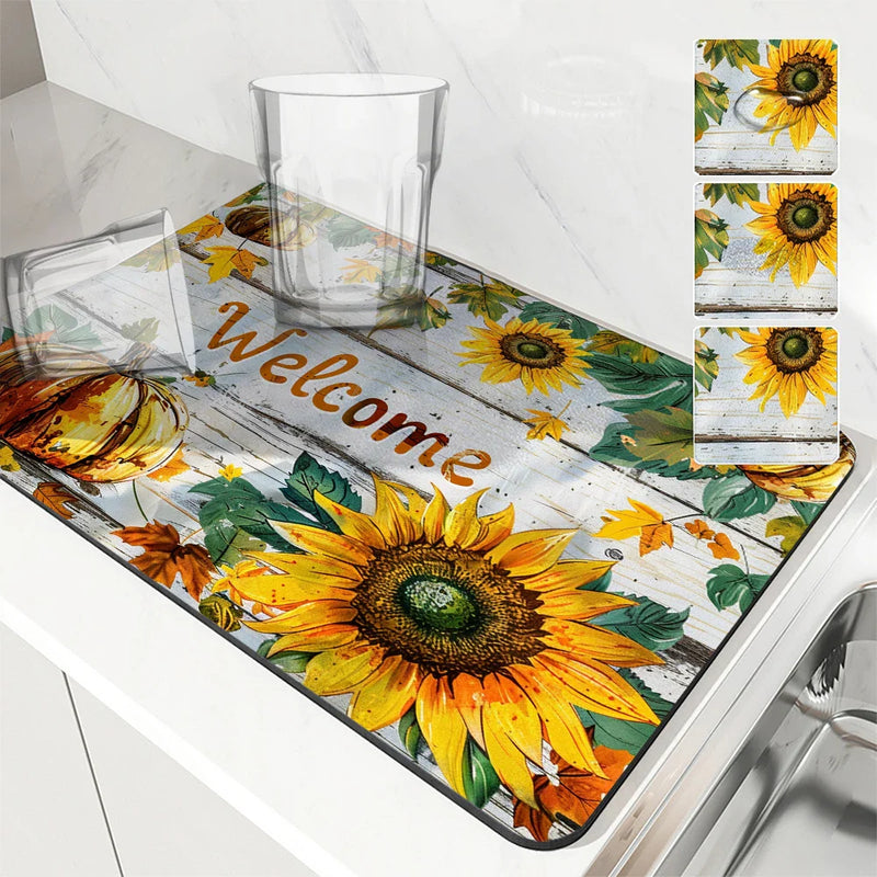 Axyaa Thanksgiving Wood Absorbent Draining Mat: Anti-Skid, Quick Dry, Dish Drying Pad