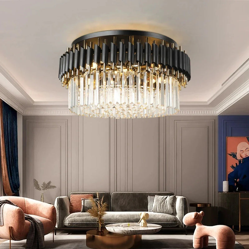 Axyaa Modern LED Crystal Ceiling Chandelier - Gold Black, Elegant Pendant Lamp for Living Room, Bedroom, Kitchen