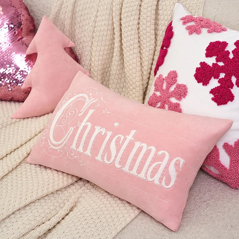 Axyaa Tufted Embroidered Christmas Cushion Cover Deer Candy Cane Gold Beige
