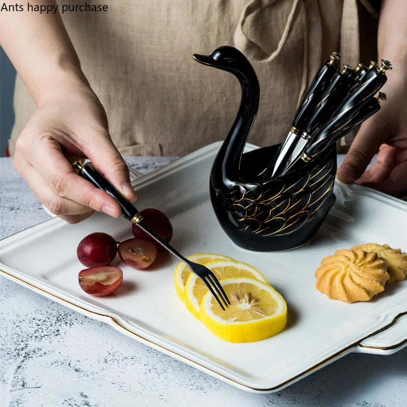 Axya Swan Ceramic Storage Fruit Fork Set, Stainless Steel Dessert Stick Tableware