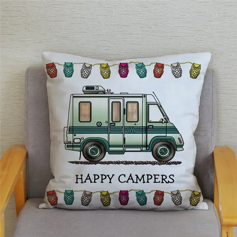 Happy Campers Owl Motorhome Print Pillow Case by Axyaa