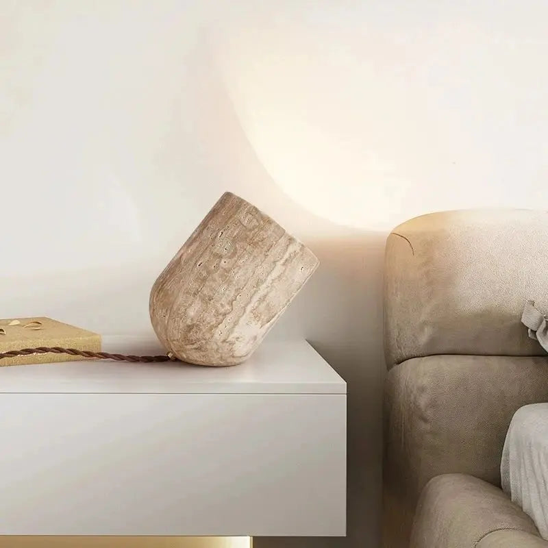 Axyaa Natural Yellow Travertine Stone Table Lamp, E27 Bedside Indoor Lighting for Bedroom, Living Room, Study