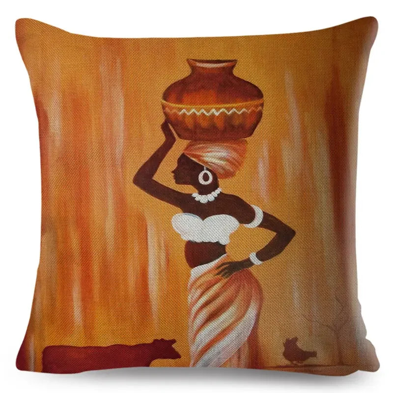 Axyaa Abstract African Woman Decorative Cotton Linen Cushion Cover