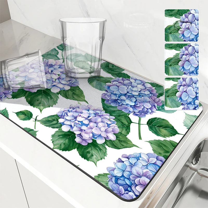 Axyaa Hydrangeas Watercolor Drying Mat: Non-Slip Absorbent Tableware Mat