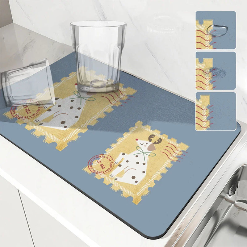 Axyaa Diatom Mud Kitchen Drain Pads, Festive Cartoon Design, Absorbent Tableware Mat