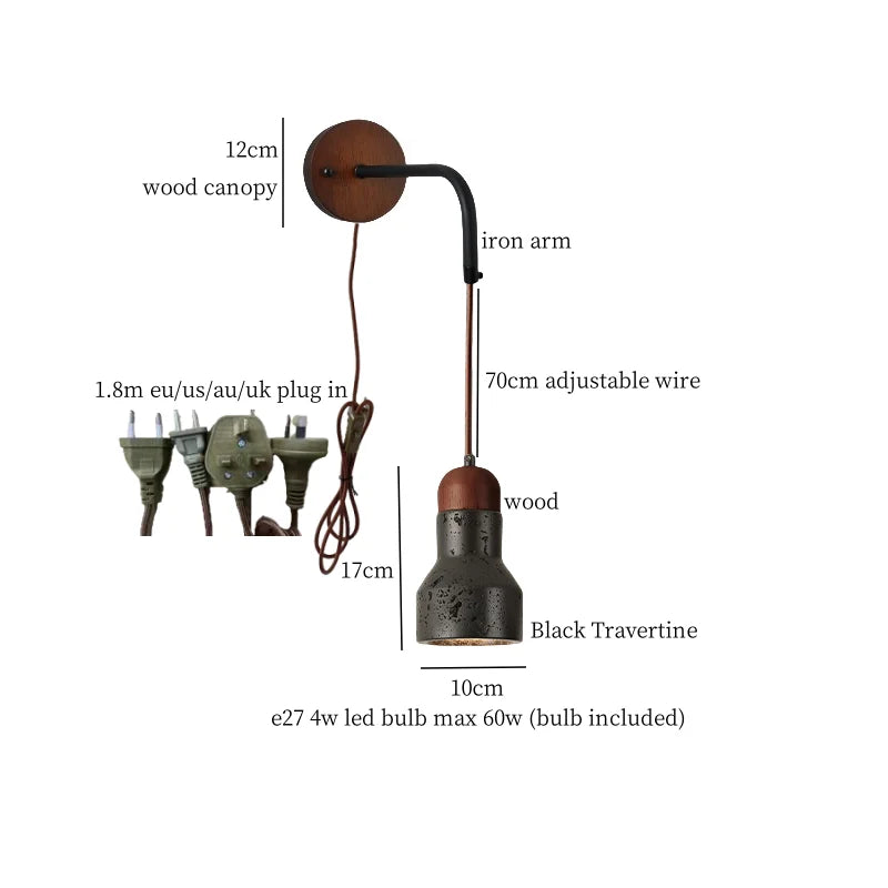 Axyaa Wabi Sabi LED Wall Light 70CM Black Travertine Bedside Lamps