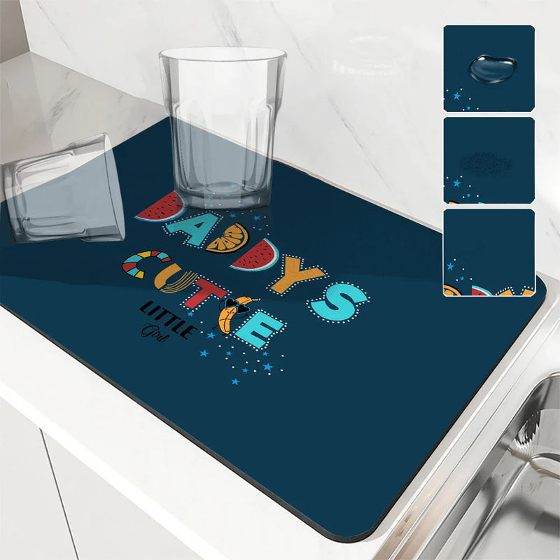 Axyaa Dino Text Kitchen Drying Mat - Quick Draining Pad for Bathroom & Faucet
