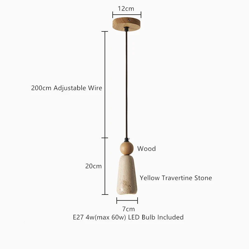 Axyaa Yellow Travertine Wood Pendant Light, LED Hanging Lamp for Dinging Living Room