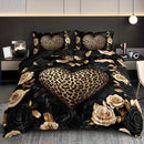 Axyaa Leopard Heart Rose Bedding Set: Luxury Romantic Style Bedroom Decor