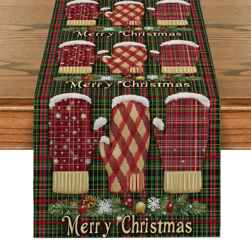 Axyaa Christmas Holiday Table Runner Gloves Fir Berries Decor Sugar Cane