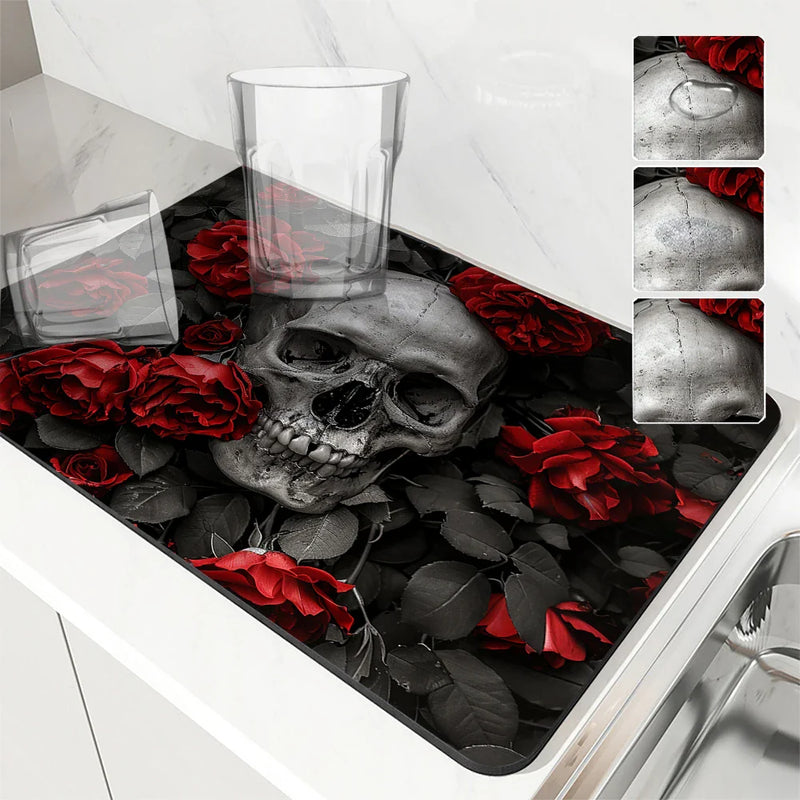 Axyaa Halloween Skull Kitchen Absorbent Mat, Antiskid & Quick Dry Draining Pad
