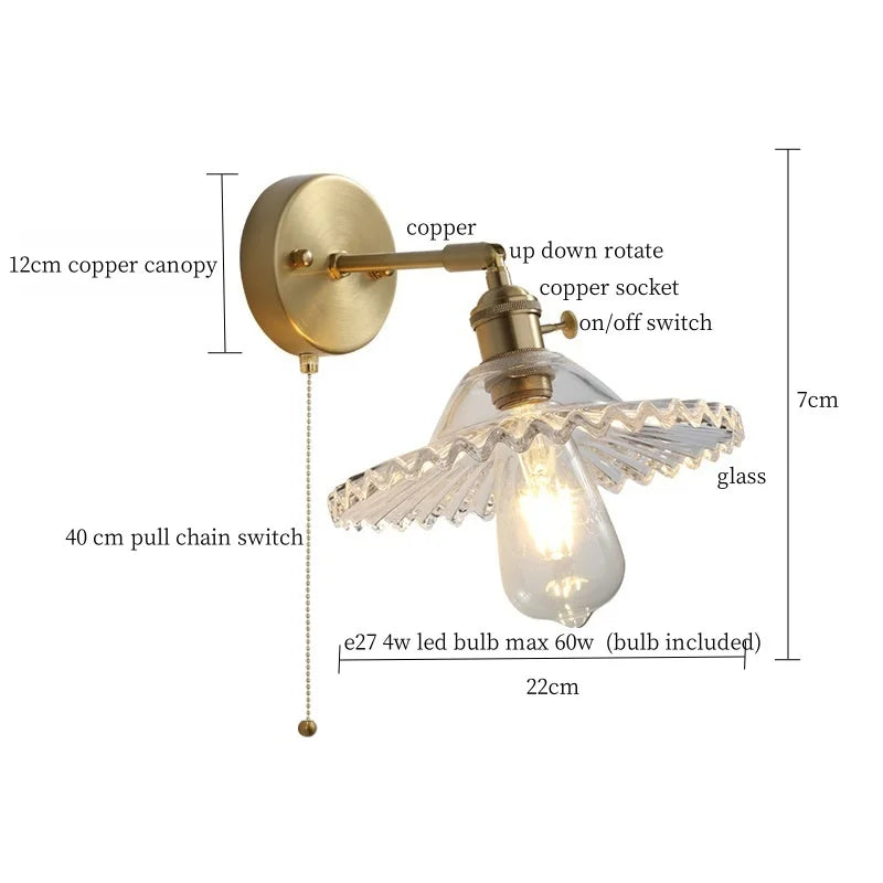 Axyaa Clear Brass Glass LED Wall Lamp with Pull Chain