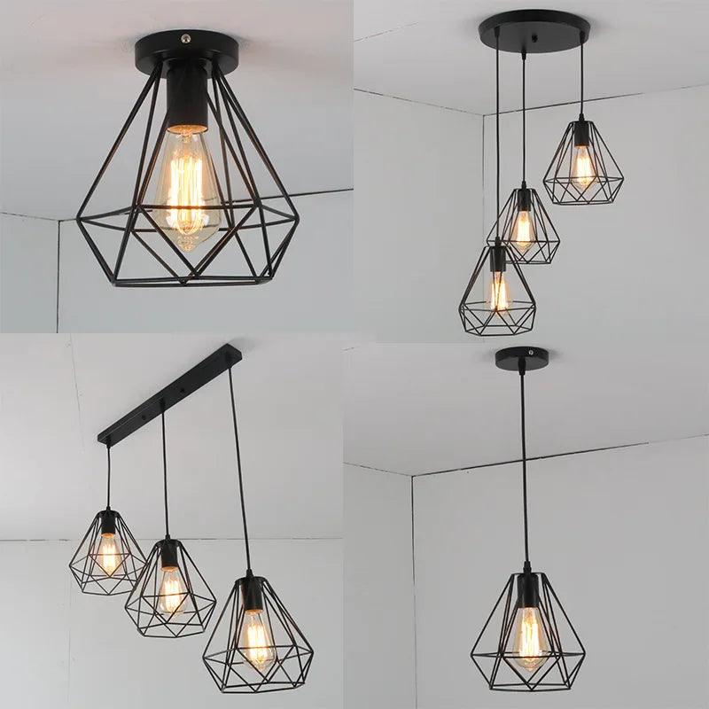 Axyaa Diamond Iron Cage Pendant Lamps for Retro Loft Industrial Kitchen Lighting