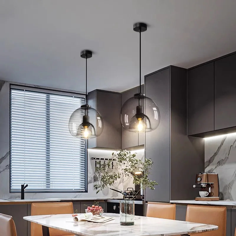 Axyaa Smoke Gray Glass Pendant Lights, Nordic LED Industrial Hanging Lamp