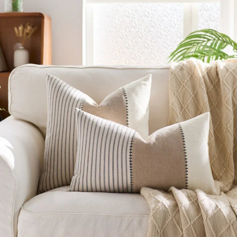 Cream Tan Two Tone Striped Pillow Cover for Home Sofa Couch Living Room by Axyaa