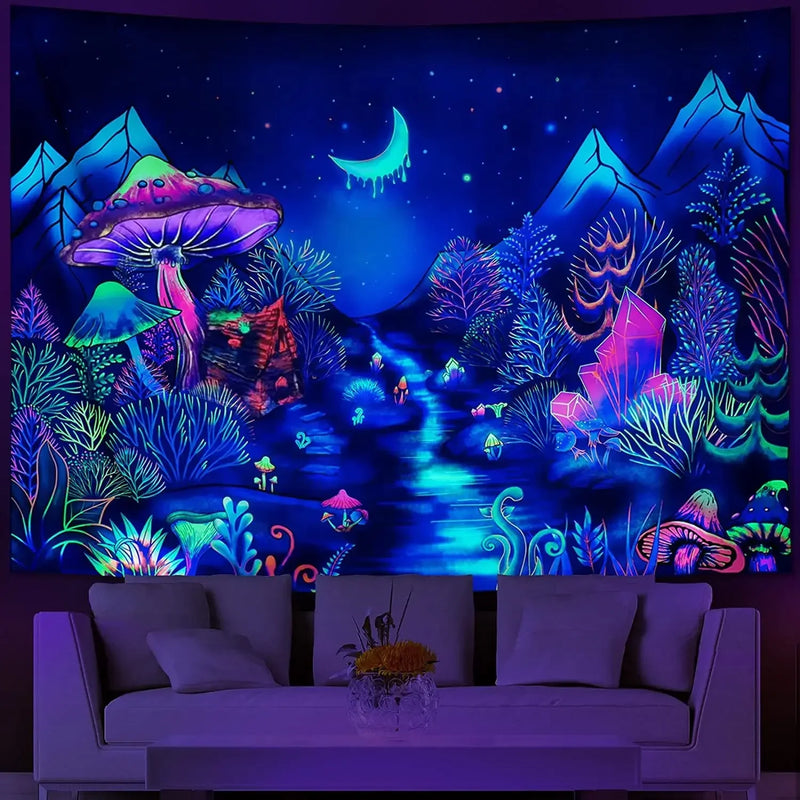 Axyaa Psychedelic UV Wall Tapestry: Skull Mushroom Witchcraft Art - Beautiful Decor