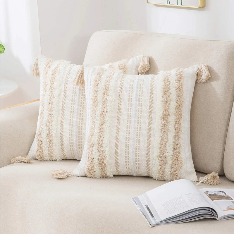 Axyaa Boho Tufted Tassel Cushion Covers Set of 2 - Luxury Throw Pillow