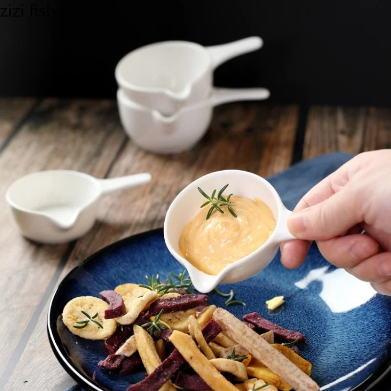 Axya White Ceramic Spice Dish with Handle and Sauces Cup