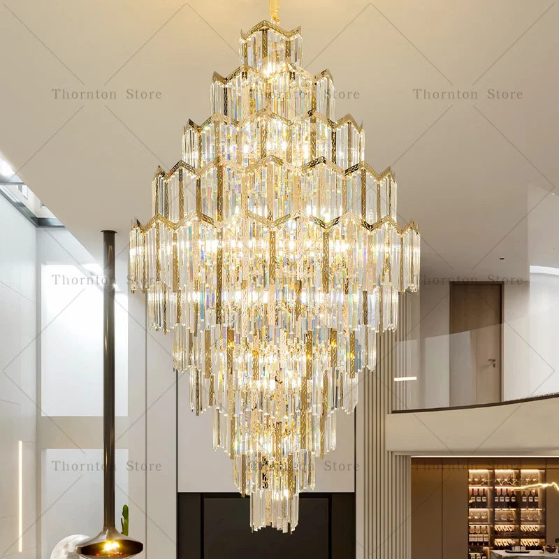 Axyaa Rotating Crystal Chandelier: Luxury Stair Light for Duplex Villas