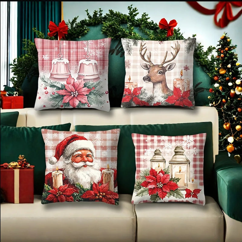 Axyaa Christmas Decor Pillowcase: Santa, Deer, Candle Print Sofa Cushion Cover