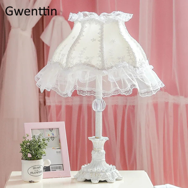 Axyaa Nordic Pink Lace Fabric LED Table Lamp for Bedroom Princess Decor