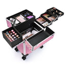 Axyaa Rolling Makeup Train Case with Key, 4 Trays, Sliding Rail, Wheels