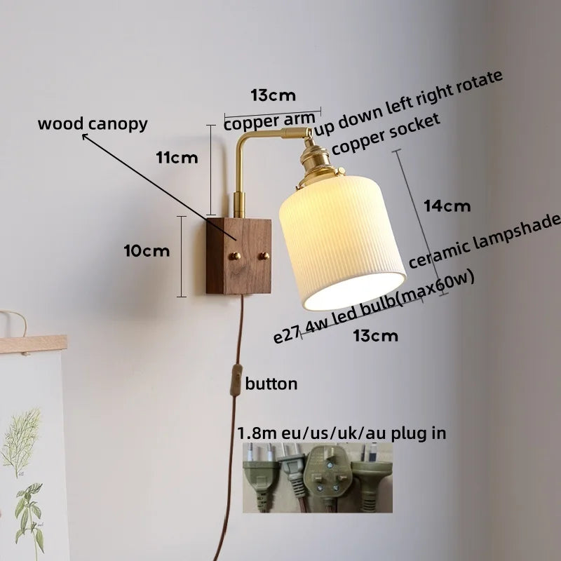 Axyaa Ceramic Copper LED Wall Lamps with Pull Chain Switch for Home Decor