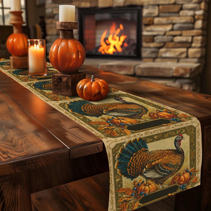 Axyaa Thanksgiving Turkey Flower Pattern Table Runner - Festive Dining Decor