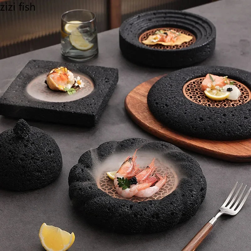 Axya Rock Texture Cement Sushi Dessert Plate Set - Restaurant Specialty Tableware