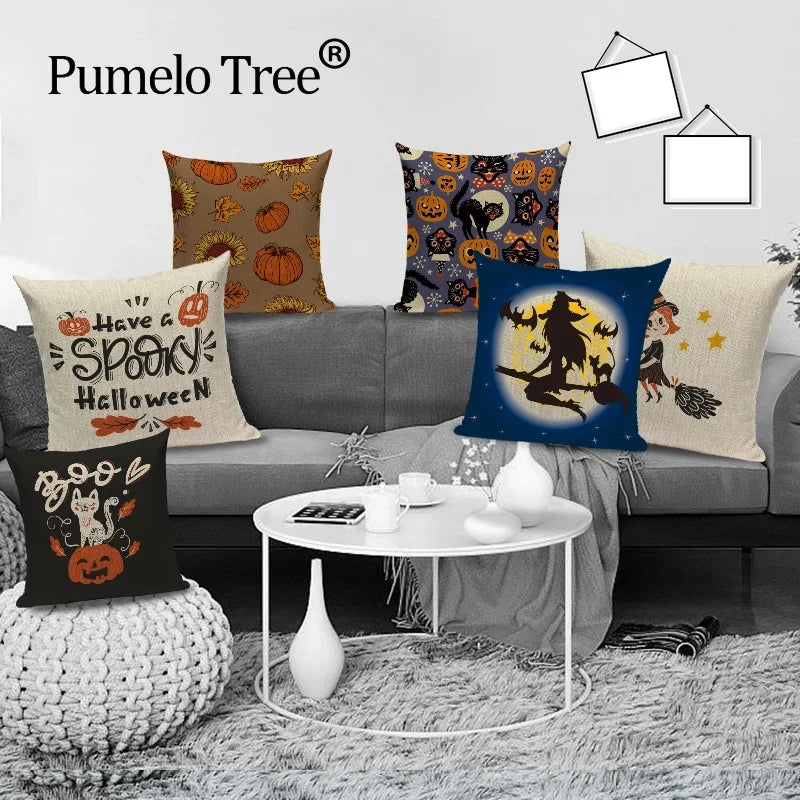 Axyaa Halloween Cushion Cover - Spooky Decorative Pillowcase with Pumpkin, Ghosts & Flying Carpet