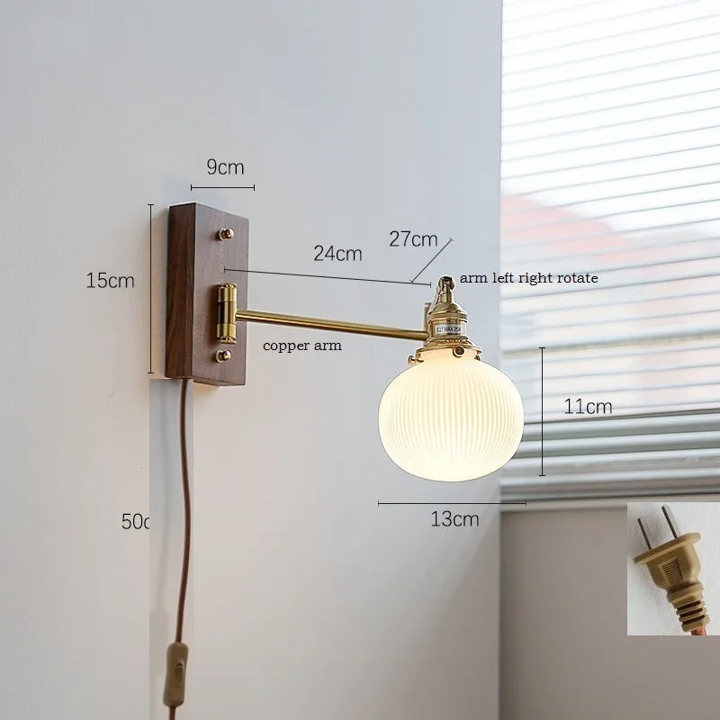 Axyaa Walnut Ash Wood Canopy LED Wall Sconce with Pull Chain Switch