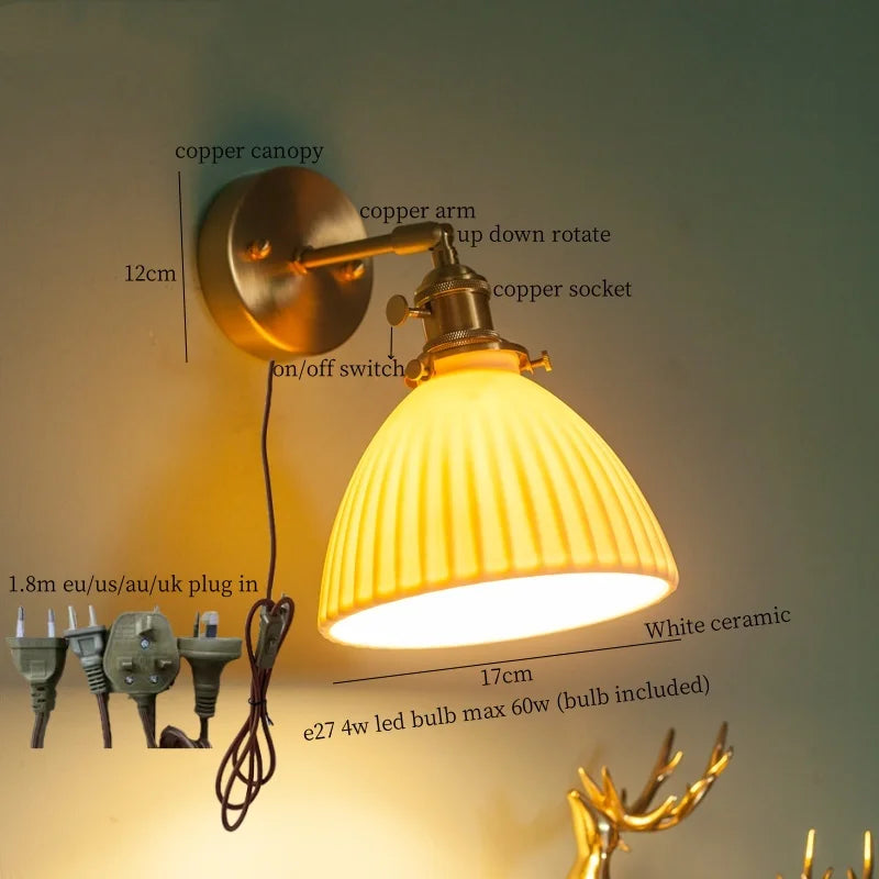 Axyaa Nordic LED Wall Lamps, Modern Copper Arm Ceramic Light for Living Room, Bedroom