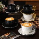 Axyaa Ceramic Embossed Coffee Cup and Saucer Set - Black White Latte Mug for Exquisite Tea