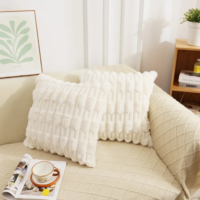 Axyaa Boho Striped Faux Rabbit Fur Velvet Cushion 18x18In Beige