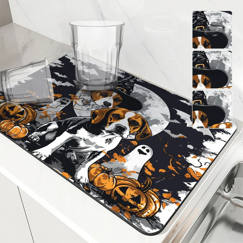 Axyaa Coffee Mat: Halloween Dog Bat Draining Pad, Quick Dry Kitchen Bathroom Drying Mat