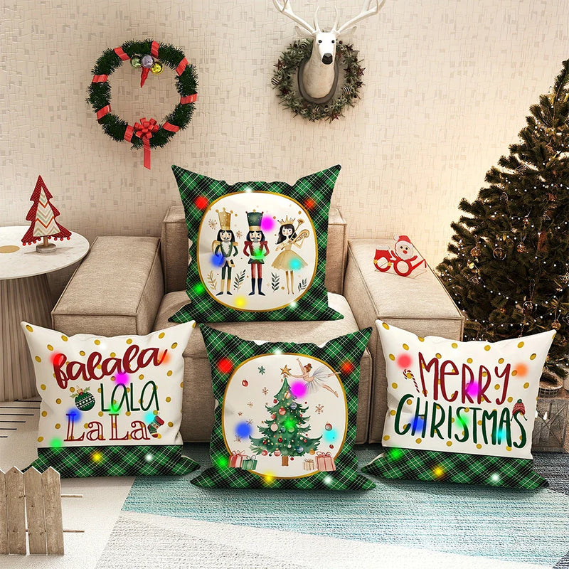 Axyaa Nutcracker Green Plaid LED Pillowcase for Christmas Party and Home Decor