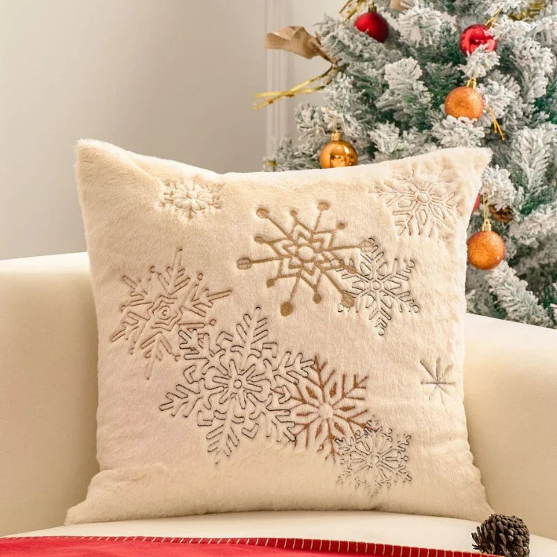 Axyaa White Faux Rabbit Fur Christmas Pillow Cover, Gold Snowman Snowflakes Embroidery
