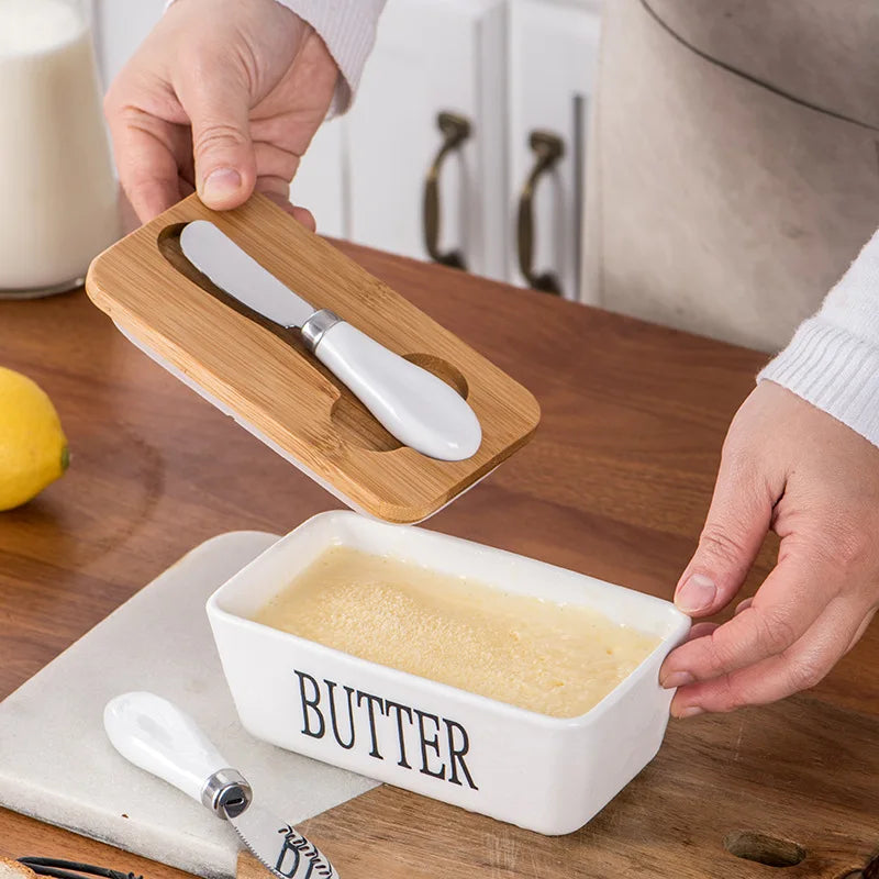 Axyaa Ceramic Butter Box with Knife - Rectangular Sealed Cheese Container