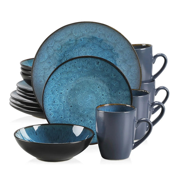 Axya Vintage Ceramic Stoneware Tableware Set - Blue/Brown, 16/32/48-Piece