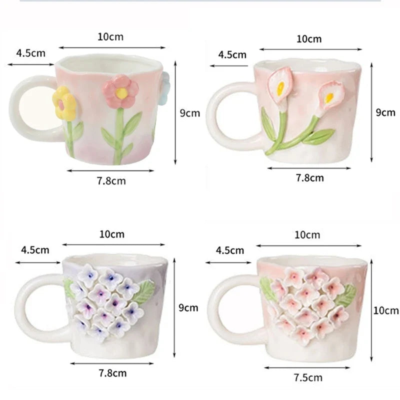 Axya 3D Flower Ceramic Mug, French Breakfast Cup, Girl Gift, Drinking Set