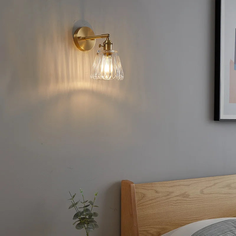 Axyaa Copper Glass Knob Switch LED Wall Light Fixture for Bedroom, Nordic Modern Arandela