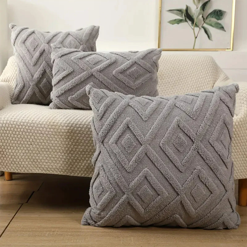 Axyaa Beige Faux Wool Rhombus Throw Pillow Covers Soft Plush Short Fleece Patterned Pillowcase