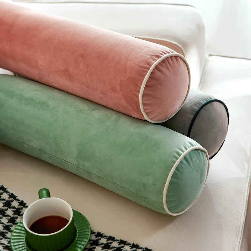 Axyaa Velvet Bolster Pillow - Corded Edge, Removable Cover - Cylindrical Neck Roll - 17.5x56cm