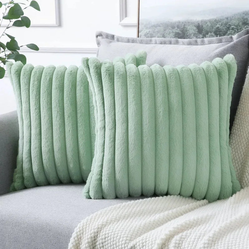 Axyaa White Green Rabbit Hair Cushion Cover Set - Modern Luxury Sofa Pillows