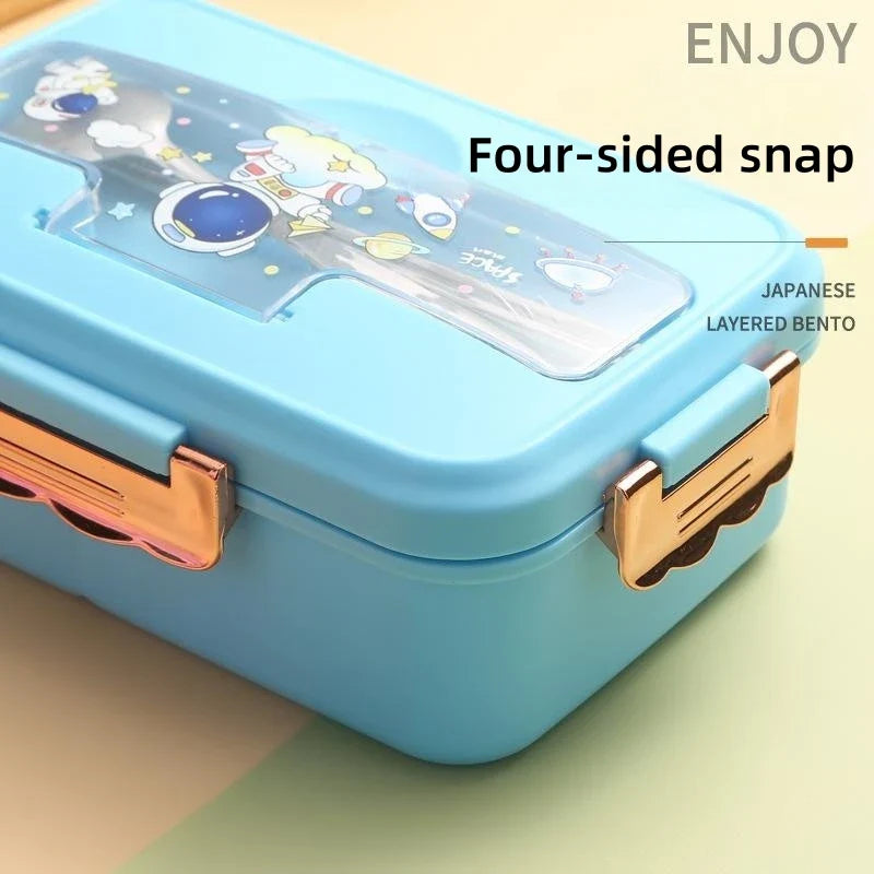 Axyaa Cartoon Pattern Bento Box with Cutlery, 3 Grid, Microwave-Safe Office Lunch Box